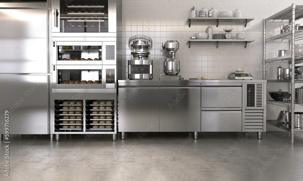 Commercial, professional bakery kitchen and stainless steel convection