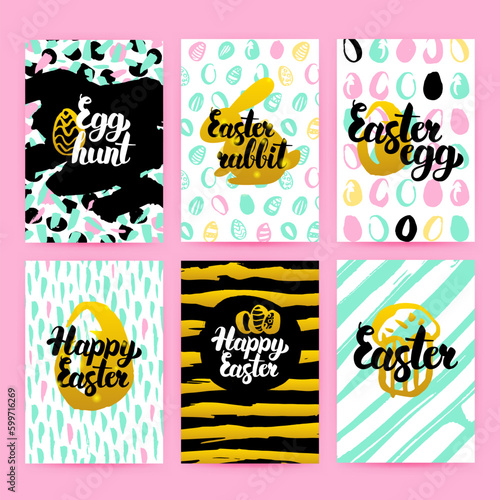 Happy Easter Trendy Hipster Posters. Vector Illustration of 80s Style Pattern Design with Handwritten Lettering.
