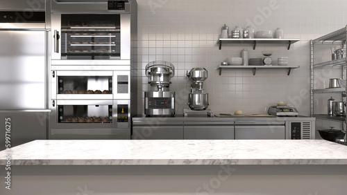 Empty clean white marble top island table in commercial, professional bakery kitchen with stainless steel convection, deck oven, freezer, refrigerator, shelf, cabinet, bread, bun for background 3D
