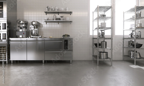 New, clean resin vinyl floor in commercial bakery kitchen and stainless steel cabinet, shelf with professional baking equipment, machines, kitchenware in sunlight from window in background 3D photo