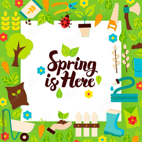 Spring is Here Paper Template. Vector Illustration Flat Style Nature Garden Poster with Lettering.