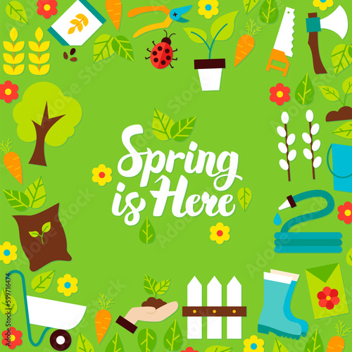 Spring is Here Lettering Postcard. Vector Illustration of Flat Style Nature Garden Poster.