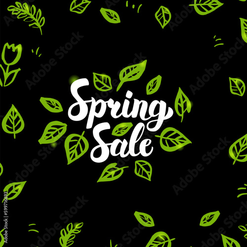 Spring Sale Postcard. Vector Illustration of Nature Calligraphy with Hand Drawn Sketches.