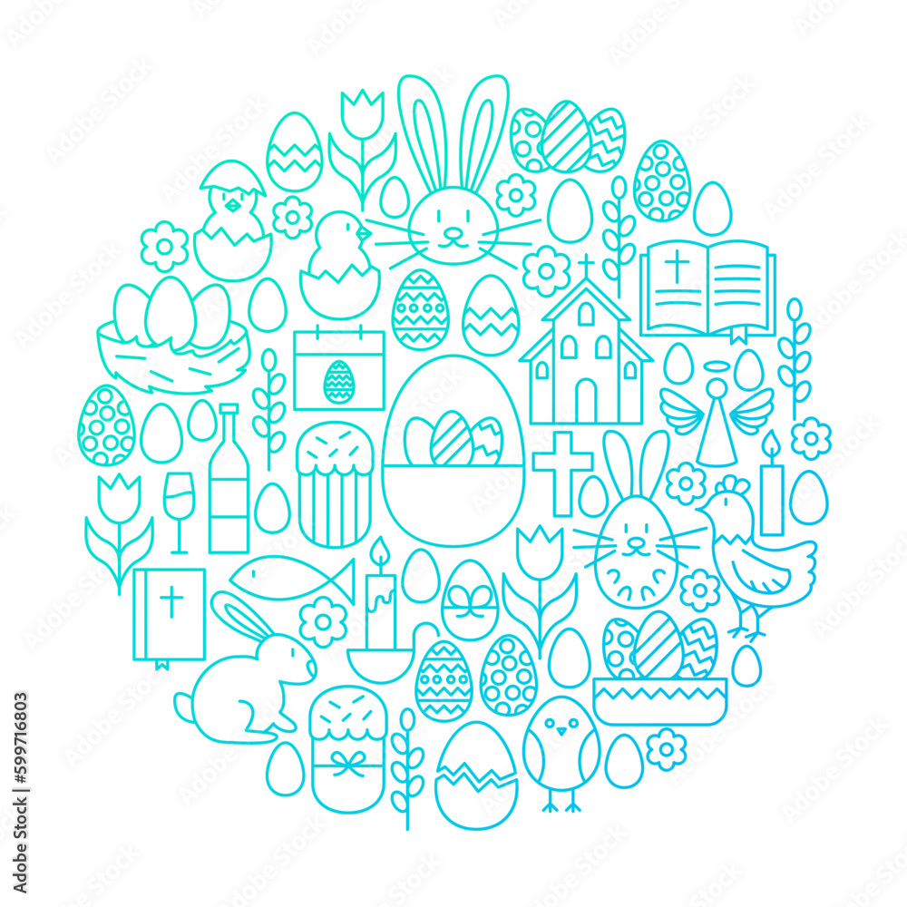 Easter Line Icon Circle Design. Vector Illustration of Spring Holiday Objects.