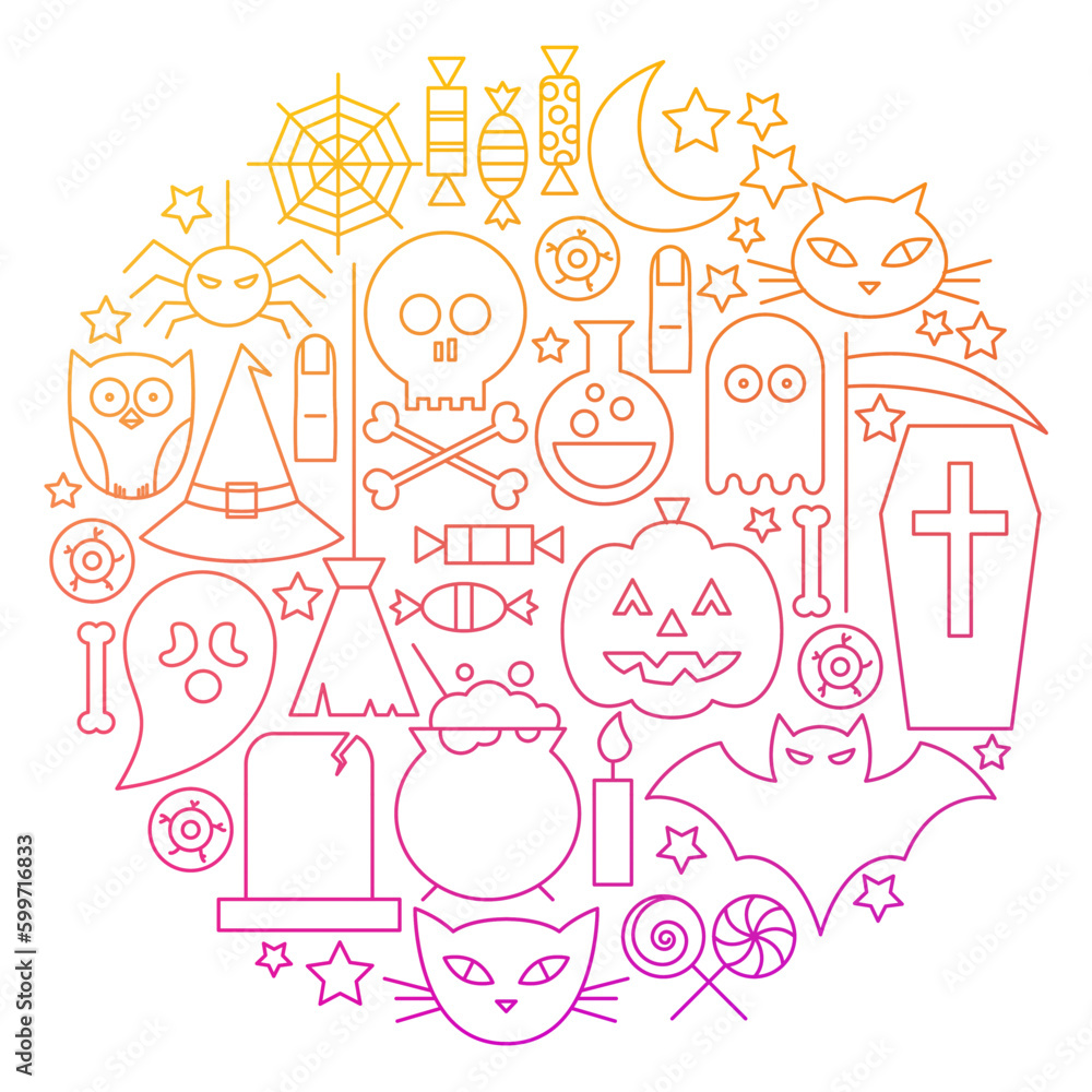 Halloween Line Icon Circle Design. Vector Illustration of Scary Holiday Objects. Halloween Line Icon Circle Design. Vector Illustration of Scary Holiday Objects.