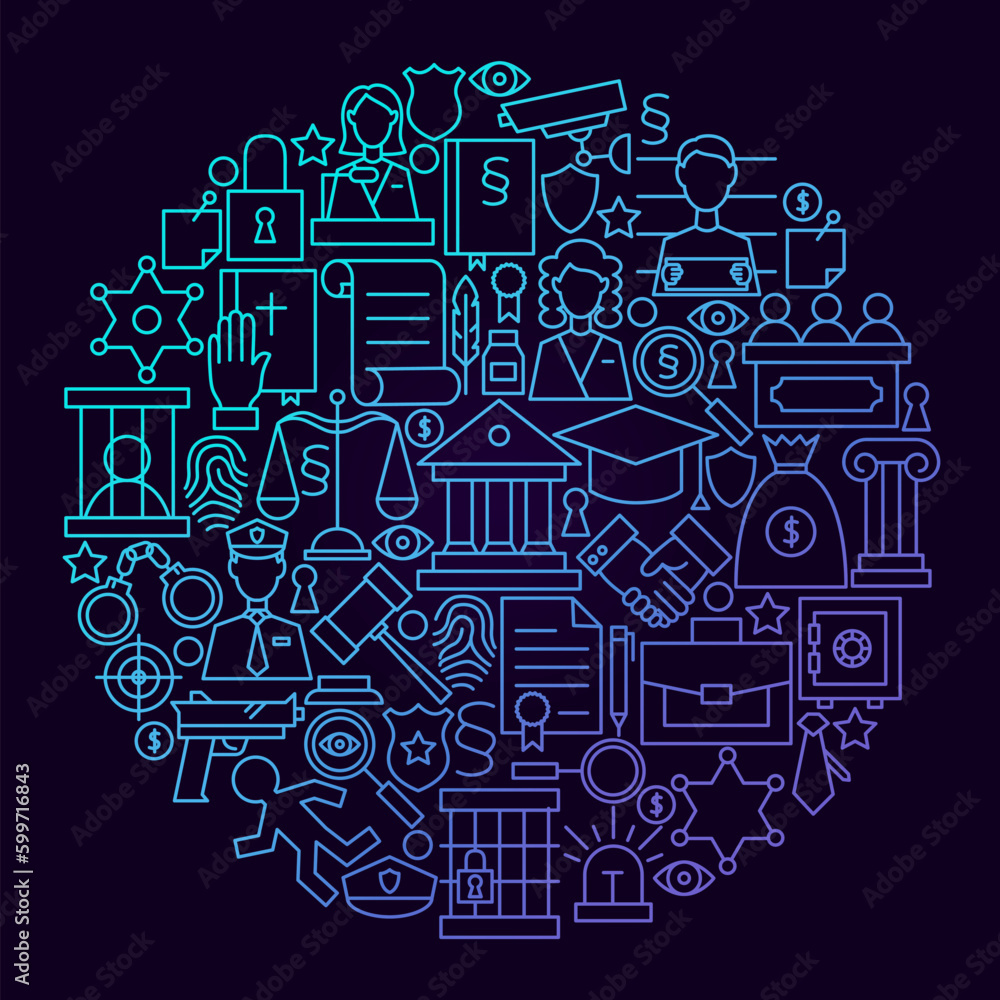 Law Line Icon Circle Concept. Vector Illustration of Attorney and Lawyer Objects.