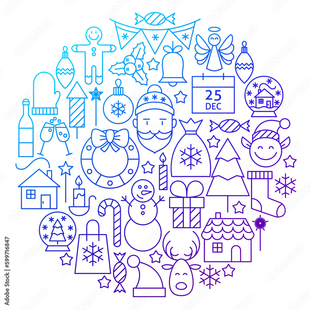 New Year Line Icon Circle Design. Vector Illustration of Winter Holiday and Merry Christmas Objects. New Year Line Icon Circle Design. Vector Illustration of Winter Holiday and Merry Christmas Objects.