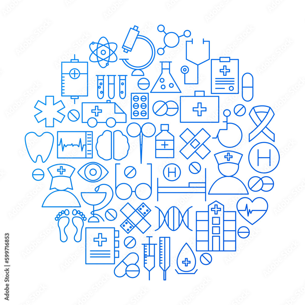 Medicine Line Icon Circle Design. Vector Illustration of Medical and Health Care Objects.