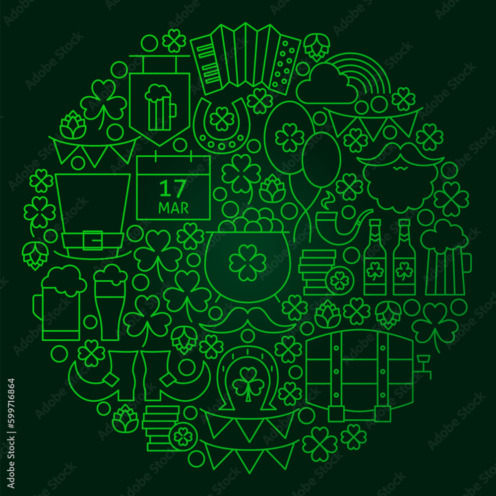 Saint Patrick Day Line Concept. Vector Illustration of Spring Irish Holiday Objects.