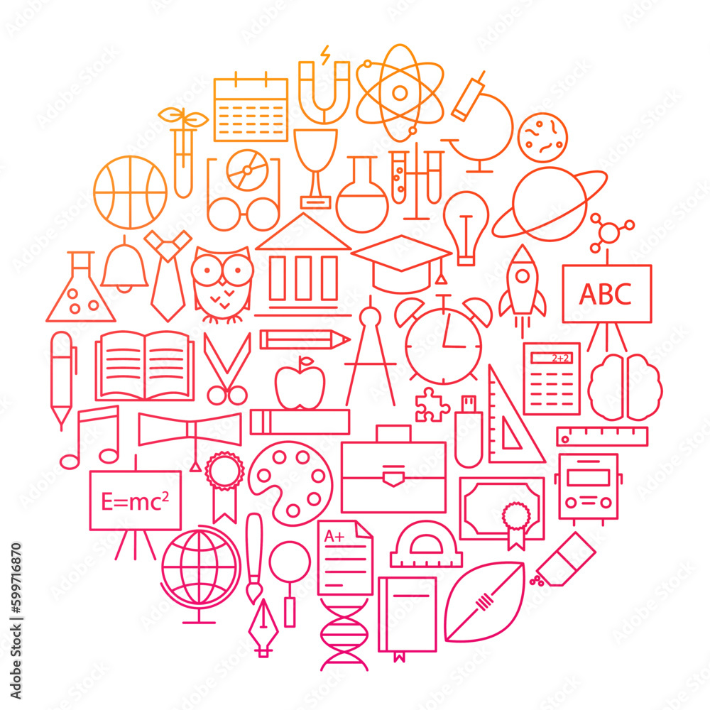 School Line Icon Circle Design. Vector Illustration of Education and Science Objects.