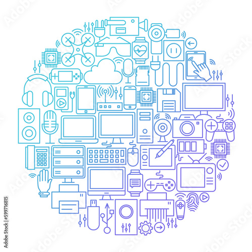 Gadget Line Icon Circle Design. Vector Illustration of Technology and Electronics Objects.