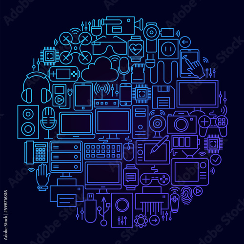 Gadget Line Icon Concept Circle. Vector Illustration of Technology and Electronics Objects.