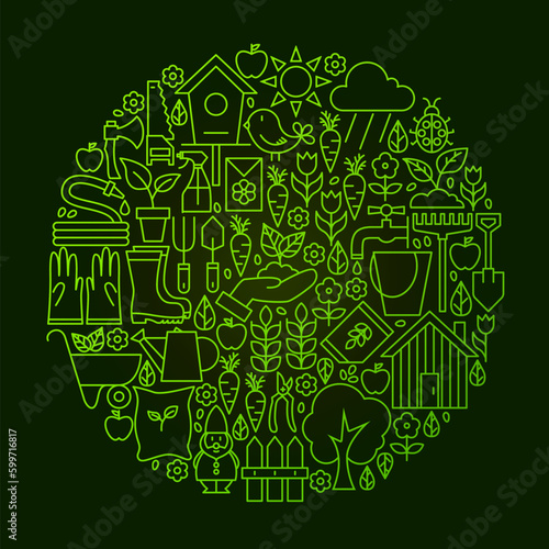 Garden Line Icon Circle Concept. Vector Illustration of Nature and Spring Objects.