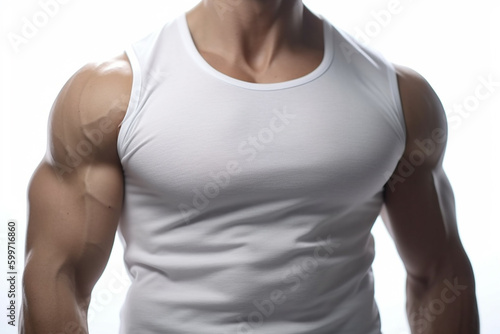 Muscular fit fitness mode, bodybuilder, using a white shirt, abs, chest, strong arms, biceps, neck, white background, isolated  © Andy