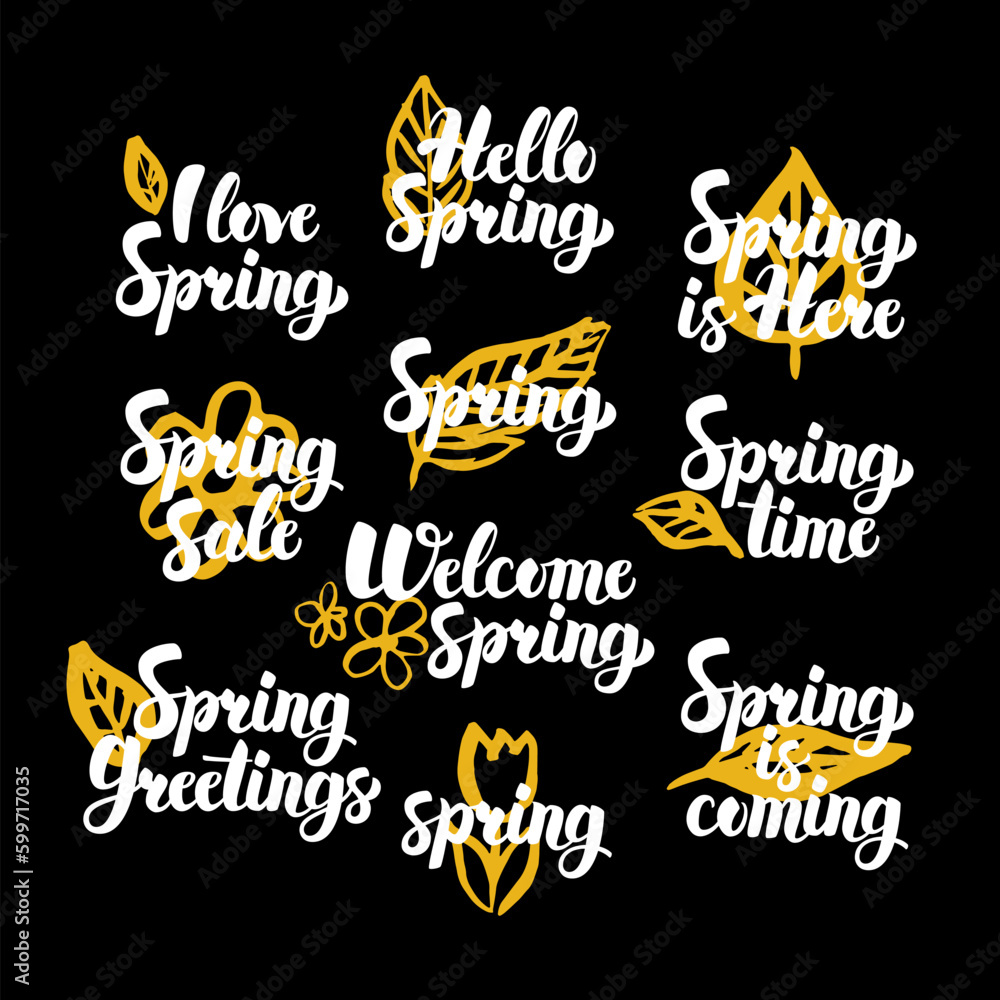 Springtime Hand Drawn Quotes. Vector Illustration of Handwritten Lettering Spring Design Elements.