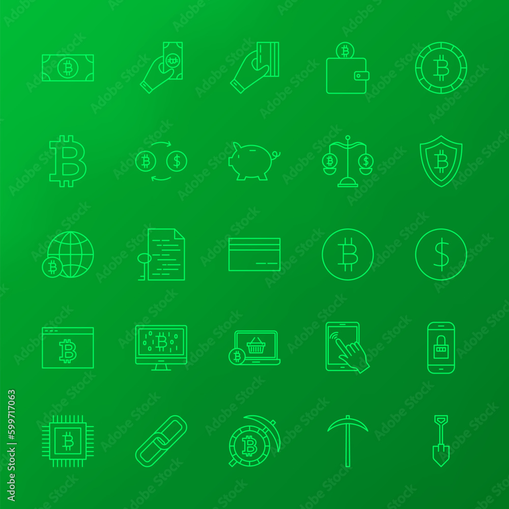 Crypto Currency Line Icons. Vector Set of Outline Bitcoin Items over Blurred Background. Crypto Currency Line Icons. Vector Set of Outline Bitcoin Items over Blurred Background.