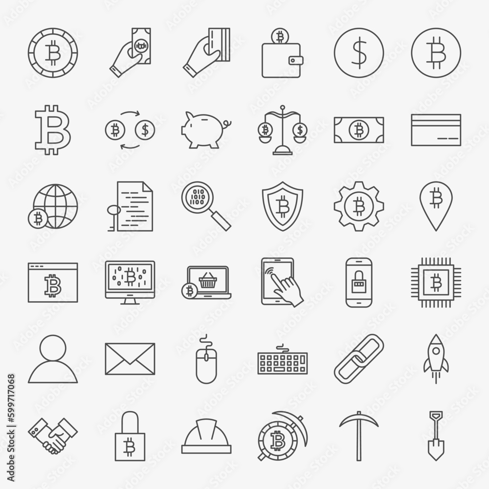 Cryptocurrency Line Icons Set. Vector Collection of Thin Outline Bitcoin Finance Symbols. Cryptocurrency Line Icons Set. Vector Collection of Thin Outline Bitcoin Finance Symbols.
