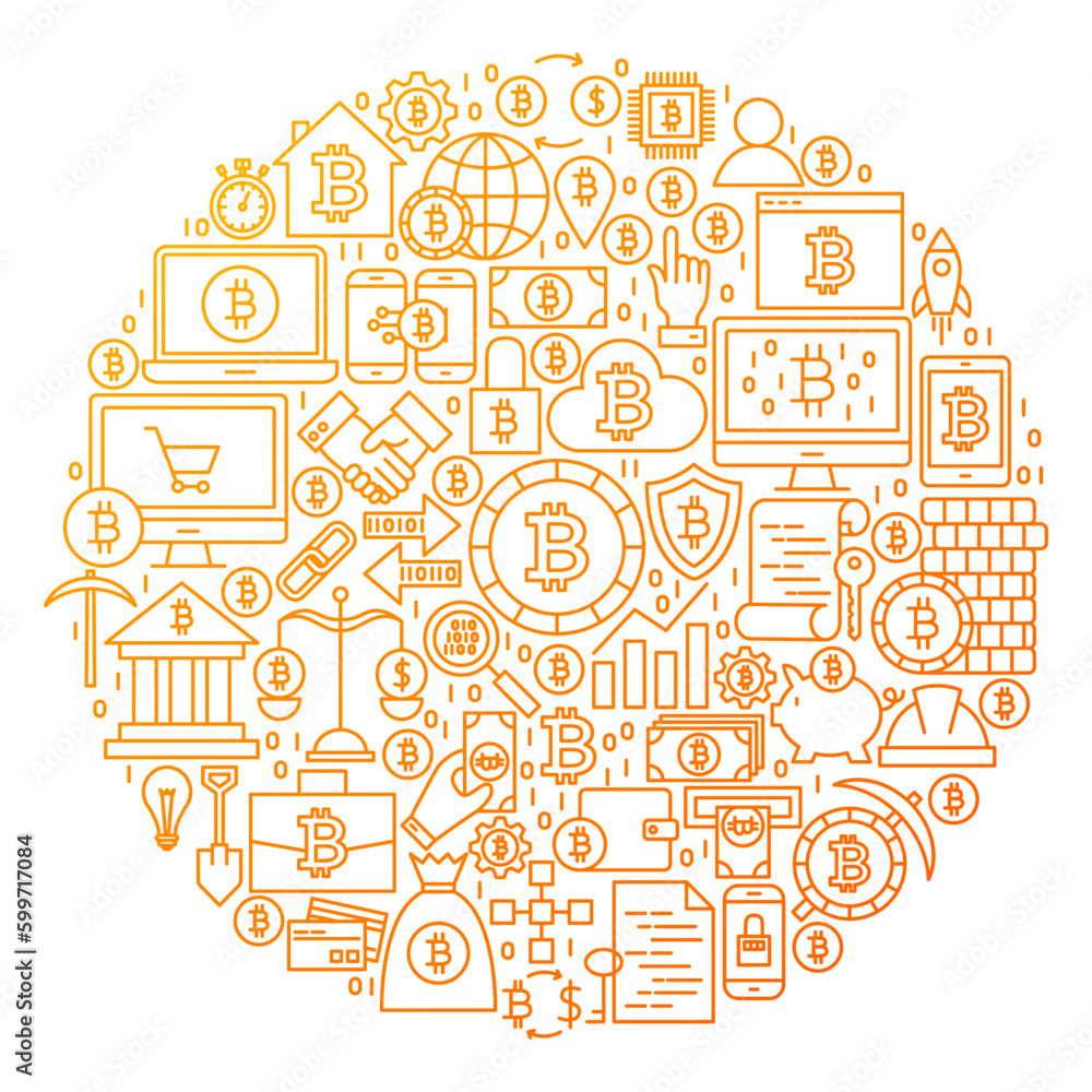 Bitcoin Line Icon Circle Design. Vector Illustration of Cryptocurrency Objects isolated over White. Bitcoin Line Icon Circle Design. Vector Illustration of Cryptocurrency Objects isolated over White.