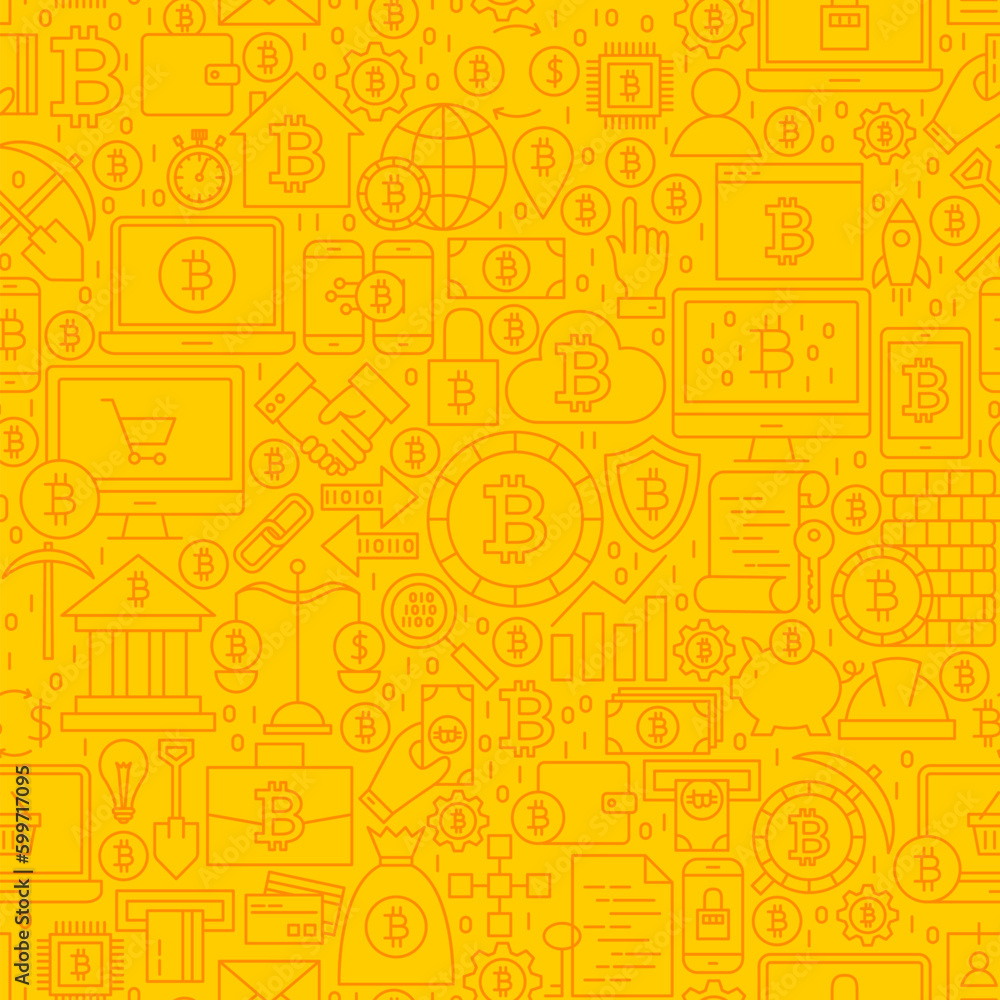 Bitcoin Yellow Line Tile Pattern. Vector Illustration of Outline Tile Background. Cryptocurrency Financial Items.