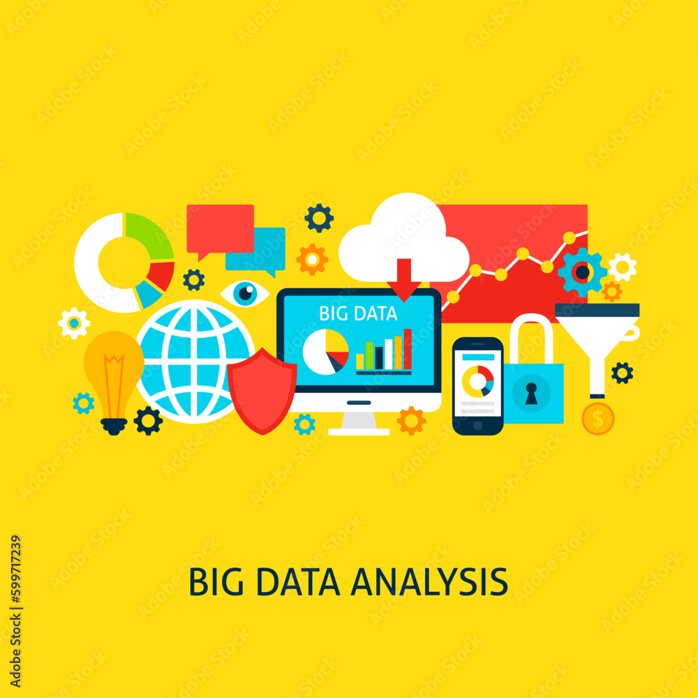 Big Data Analysis Concept. Poster Design Vector Illustration. Set of Business Analytics Colorful Objects.