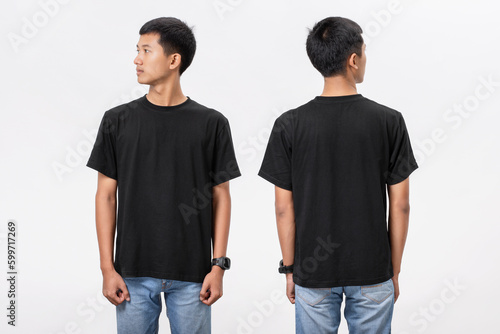 Young handsome asian man in blank black t-shirt front and back view isolated white background. Blank black t-shirt for mock up, template, print and t-shirt design concept.