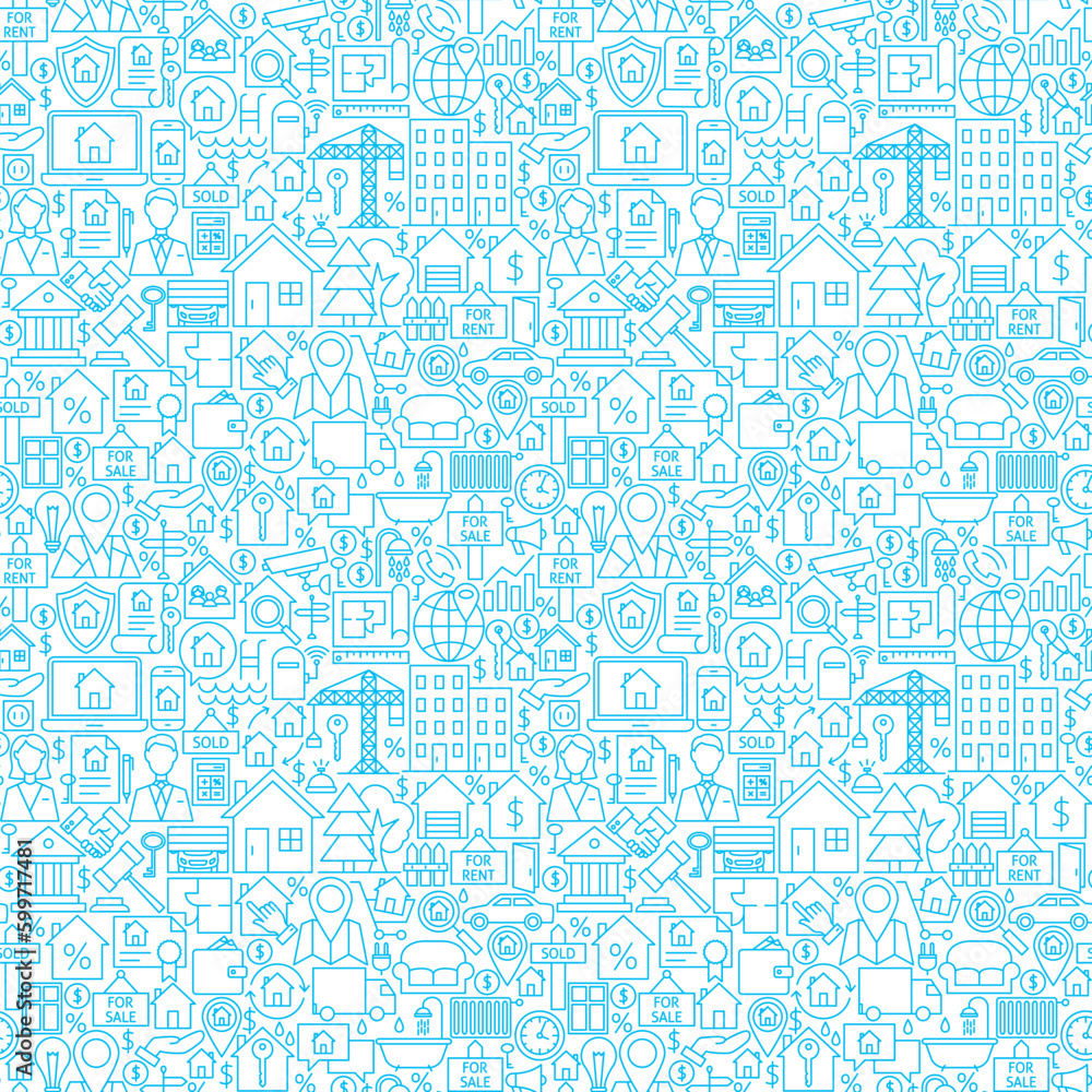 Line House White Seamless Pattern. Vector Illustration of Outline Tile Background. Real Estate Items.