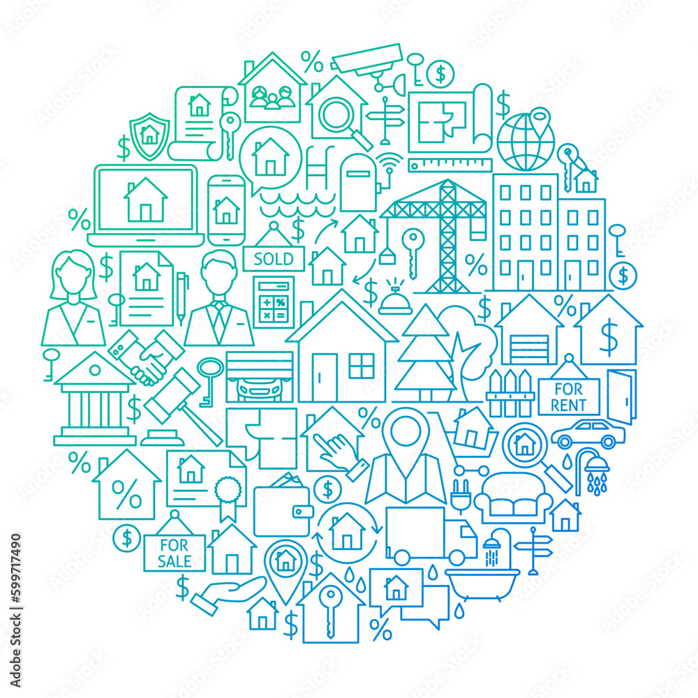Real Estate Line Circle Design. Vector Illustration of House and Building Objects isolated over White.