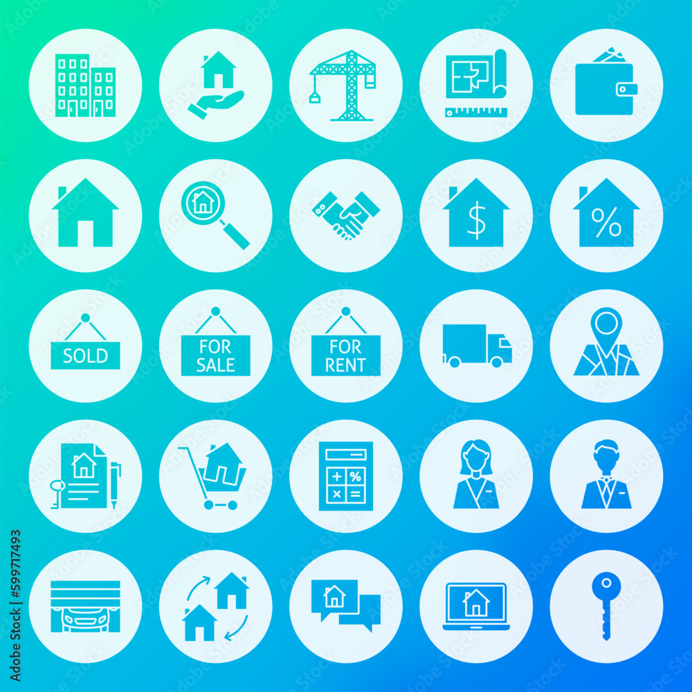 Real Estate Circle Solid Icons. Vector Illustration of House Glyphs over Blurred Background. Real Estate Circle Solid Icons. Vector Illustration of House Glyphs over Blurred Background.