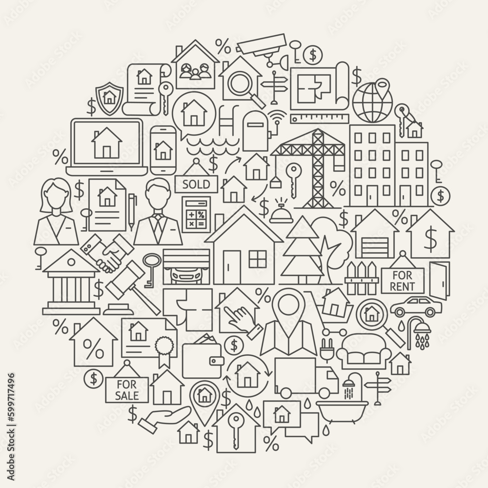 Real Estate Line Icons Circle. Vector Illustration of House and Building Outline Objects.