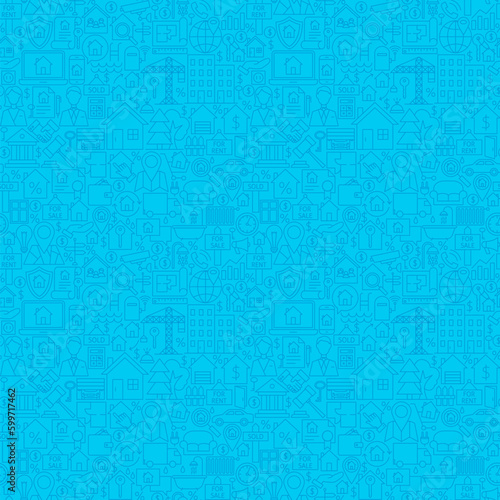 Blue Line House Seamless Pattern. Vector Illustration of Outline Tile Background. House Building Items.