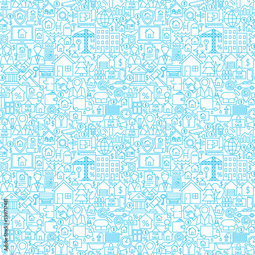 Line House White Seamless Pattern. Vector Illustration of Outline Tile Background. Real Estate Items.