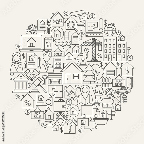 Real Estate Line Icons Circle. Vector Illustration of House and Building Outline Objects.