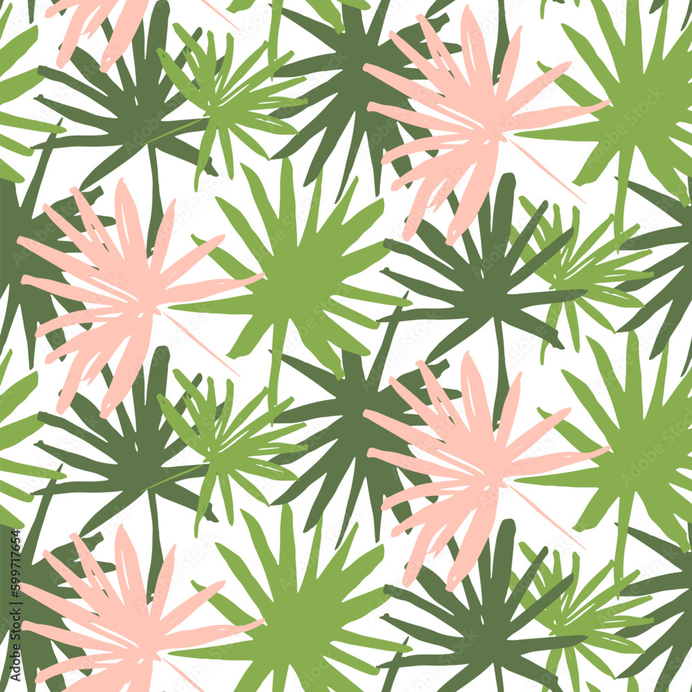 Palm Tropic Seamless Pattern. Vector Illustration of Hand Drawn Paint Summer Leaf Background.