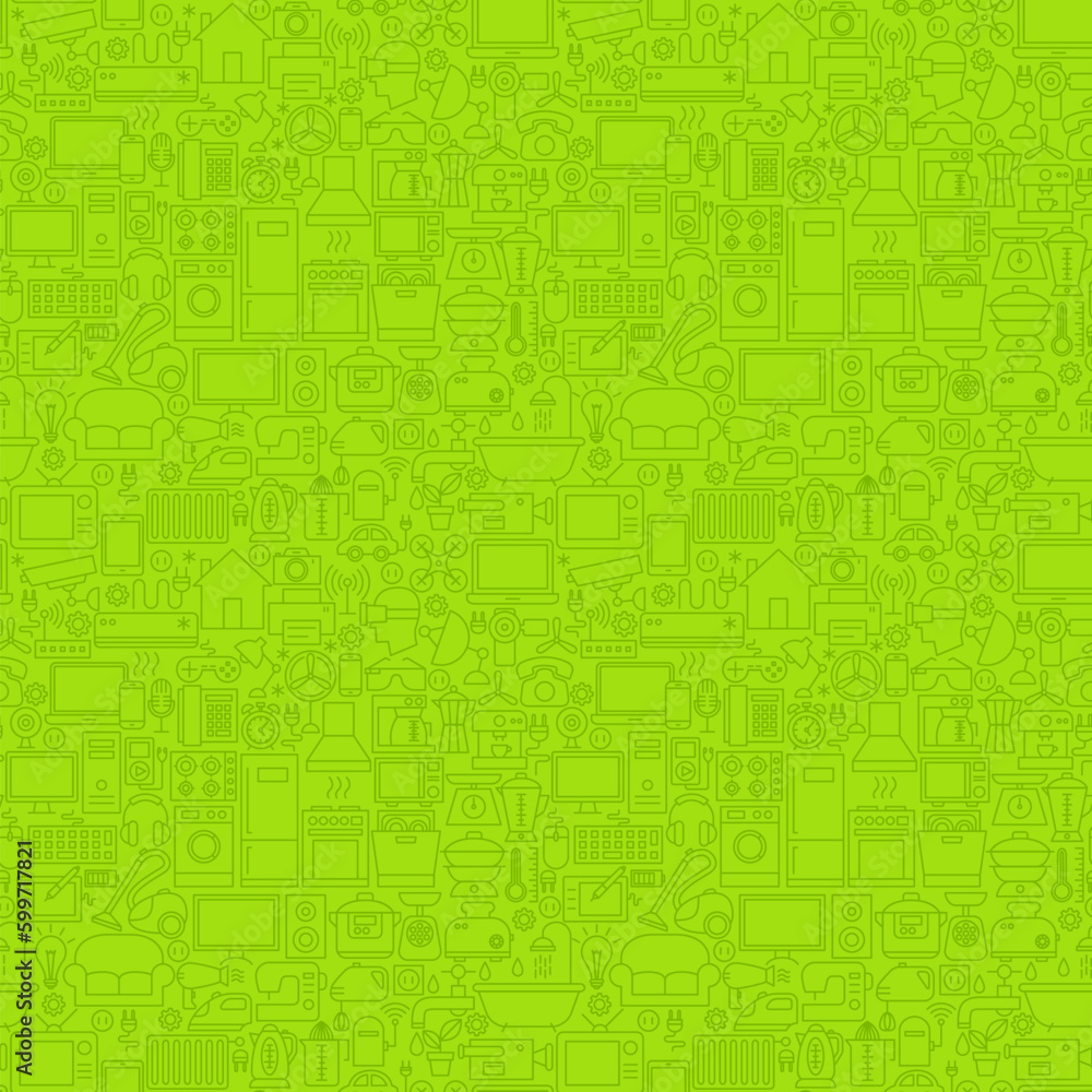 Green Line Household Seamless Pattern. Vector Illustration of Outline Background.