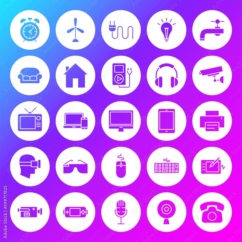 Household Appliance Solid Circle Icons. Vector Illustration of Glyphs over Blurred Background.