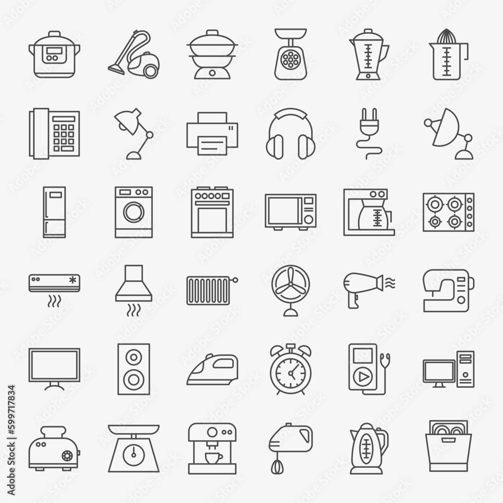 Household Line Icons. Vector Set of Outline Appliance Symbols. Household Line Icons. Vector Set of Outline Appliance Symbols.