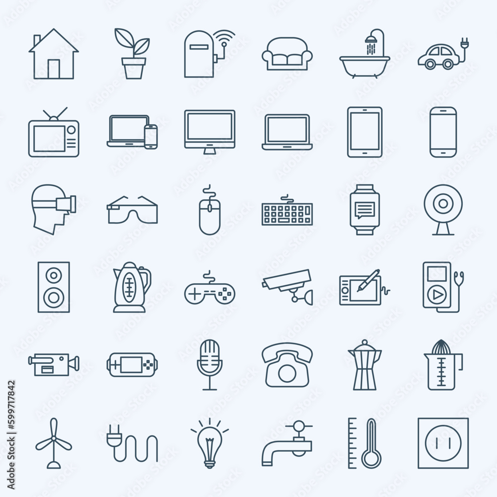 Line Household Appliance Icons. Vector Set of Outline House Electronics Symbols. Line Household Appliance Icons. Vector Set of Outline House Electronics Symbols.