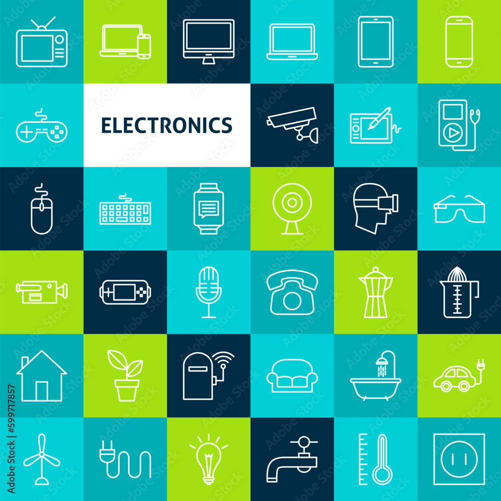 Vector Line Electronics Icons. Thin Outline Household Appliance Symbols over Colorful Squares. Vector Line Electronics Icons. Thin Outline Household Appliance Symbols over Colorful Squares.