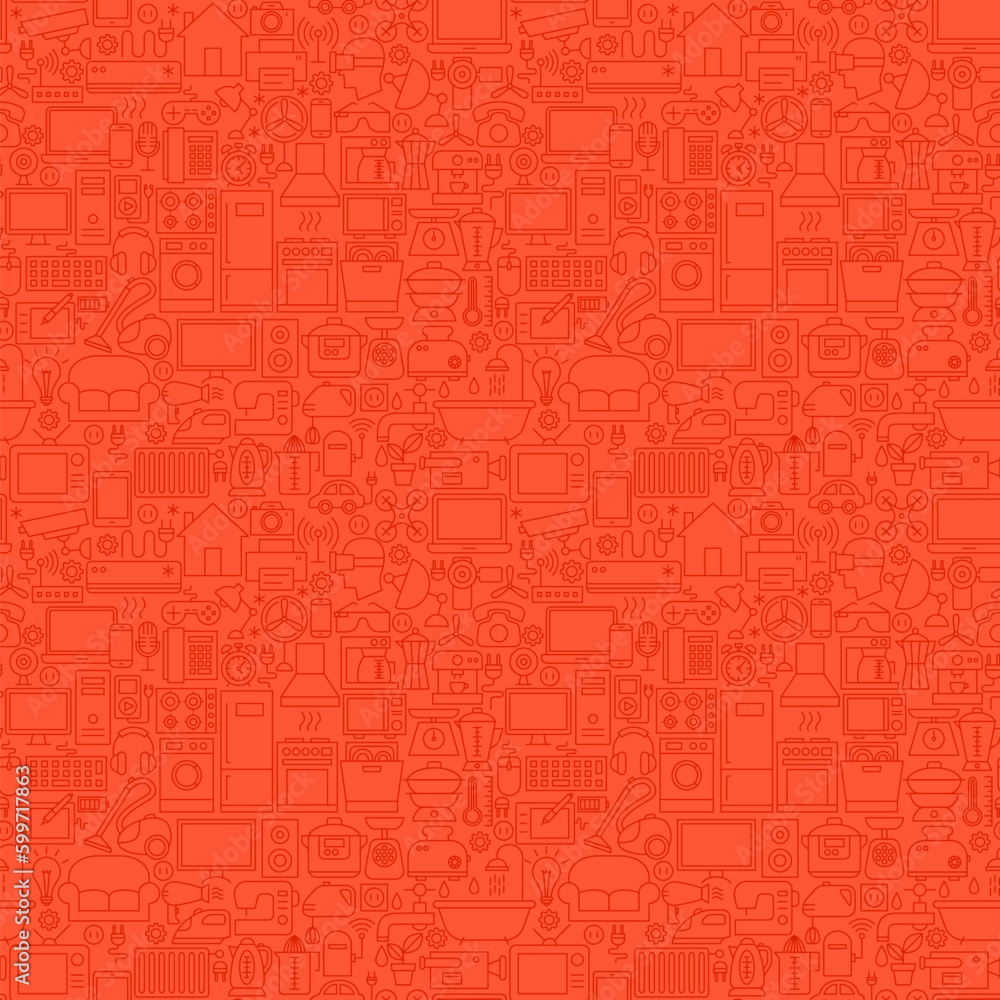 Red Household Seamless Pattern. Vector Illustration of Outline Background.