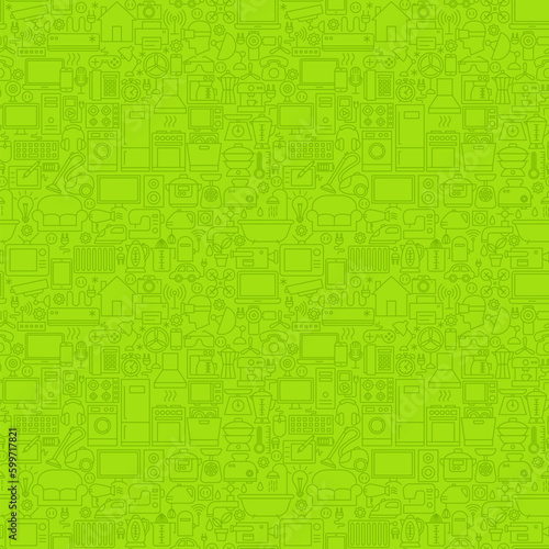 Green Line Household Seamless Pattern. Vector Illustration of Outline Background.