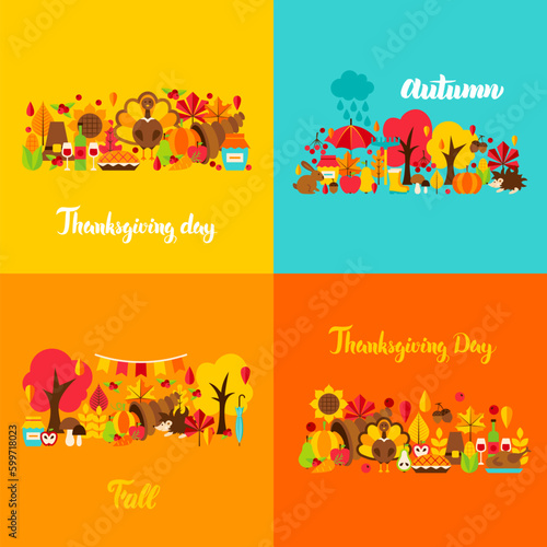 Autumn Thanksgiving Concept Set. Vector Illustration. Fall Seasonal Posters.
