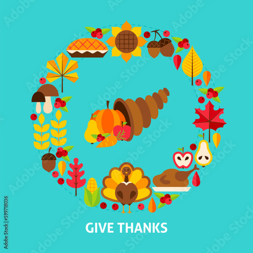 Give Thanks Postcard. Thanksgiving Day. Vector Illustration. Fall Holiday Objects.