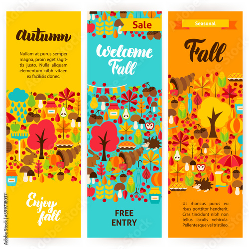 Autumn Vertical Flyers. Vector Illustration of Brand Identity. Fall Season Concept.