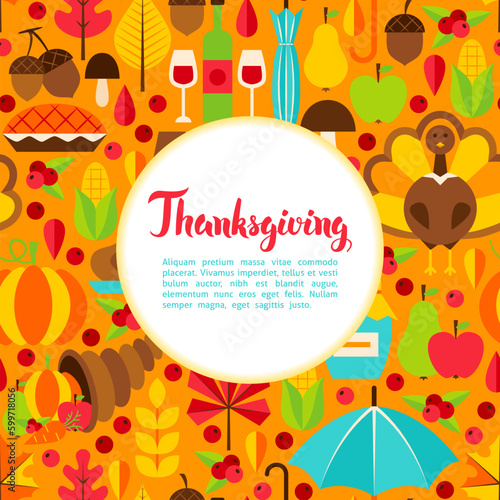 Flat Thanksgiving Day Greeting. Vector Illustration of Fall Holiday Template.