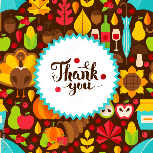 Flat Thanksgiving Day Postcard. Vector Illustration of Fall Holiday Template.