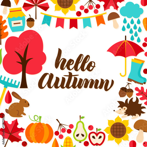 Hello Autumn Concept with Lettering. Vector Illustration. Fall Season.