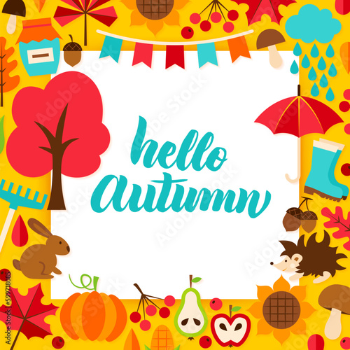 Hello Autumn Paper Concept. Vector Illustration with Lettering. Fall Season.