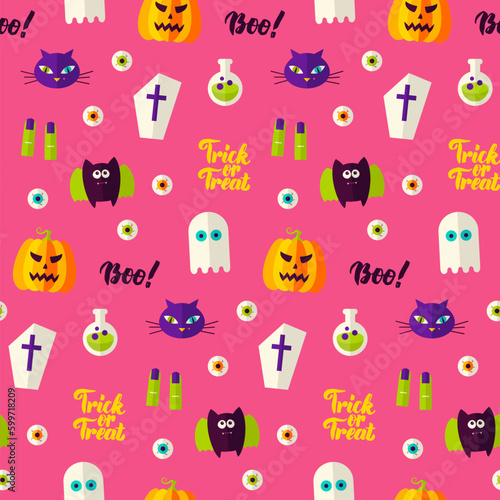 Fototapeta Naklejka Na Ścianę i Meble -  Halloween Boo Seamless Pattern. Vector Illustration of Holiday Background. Trick or Treat.