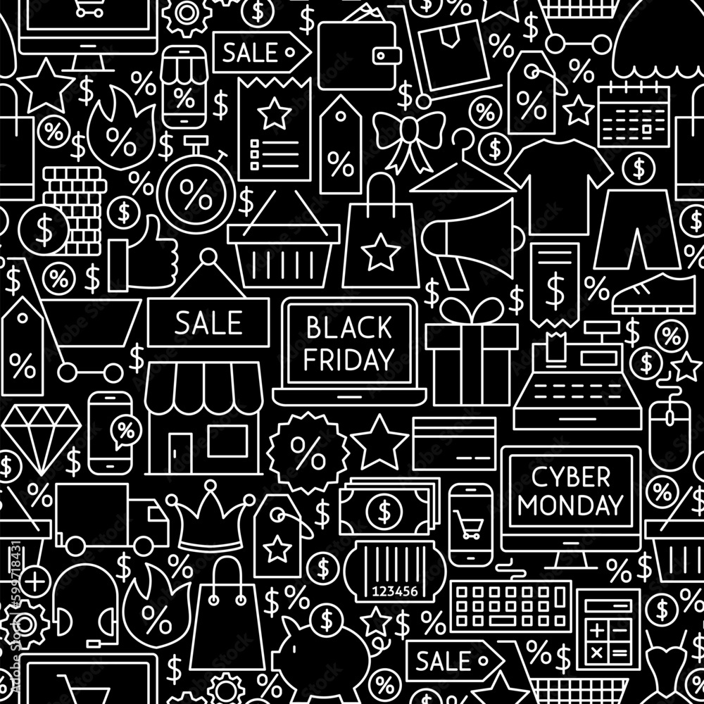 Black Friday Cyber Monday Tile Pattern. Vector Illustration of Sale Outline Background.