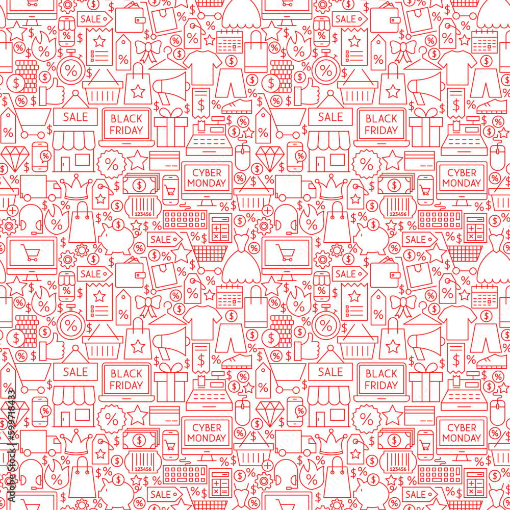Black Friday Cyber Monday Seamless Pattern. Vector Illustration of Sale Outline Background.